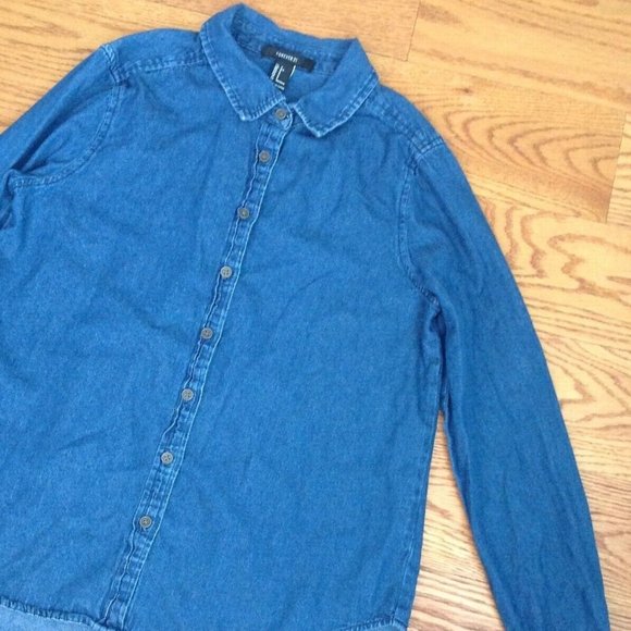 WOMENS S CHAMBRAY DENIM SHIRT LONG SLEEVE 100% COTTON BLUE 37"x 25.5" FOREVER 21 - Picture 6 of 14